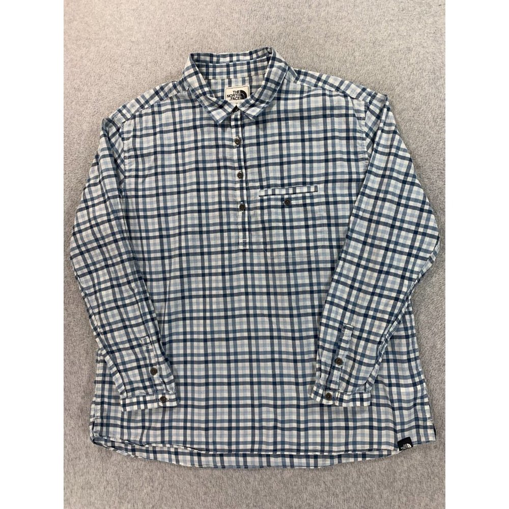 The North Face Plaid‎ Cotton Half Button Down Pullover Shirt (Women's XL) Blue